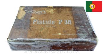 P38 Pistol Box, Walther Logo on Lid, Brown Cardboard, 9.5x1.75x6.5 *Well Used* 