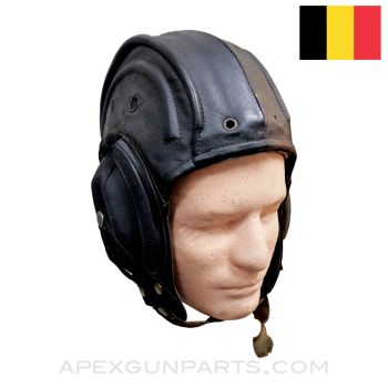Belgian Tanker Helmet, Black Leather, Telemit N.V. Vandeputte Boechout MFG, 1971 Dated, Size 56-58 *Good* 