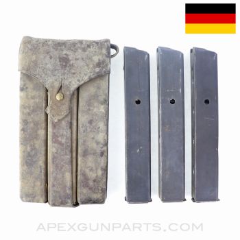 MP34 Magazines, Set of Three, w/ Leather Pouch, Waffen Marked, Steyr Manufactured, 32rd, 9mm *Good* 