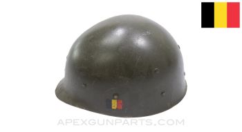 Belgian Helmet Liner for M1 Steel Pot, Leather Chin Strap, ABL Flag Marking, OD Green Painted *Good*